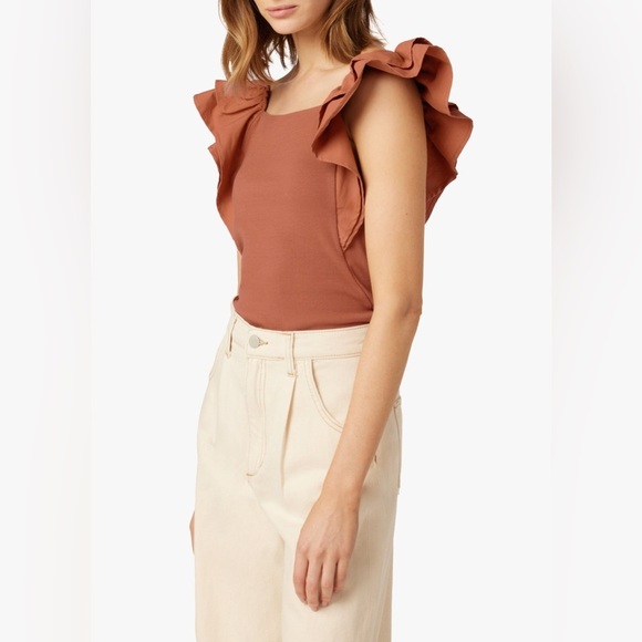 JOES JEANS COLLECTION Leslie Tan Almond RUFFLED SLEEVE RIBBED TANK TOP SMALL - Picture 5 of 10